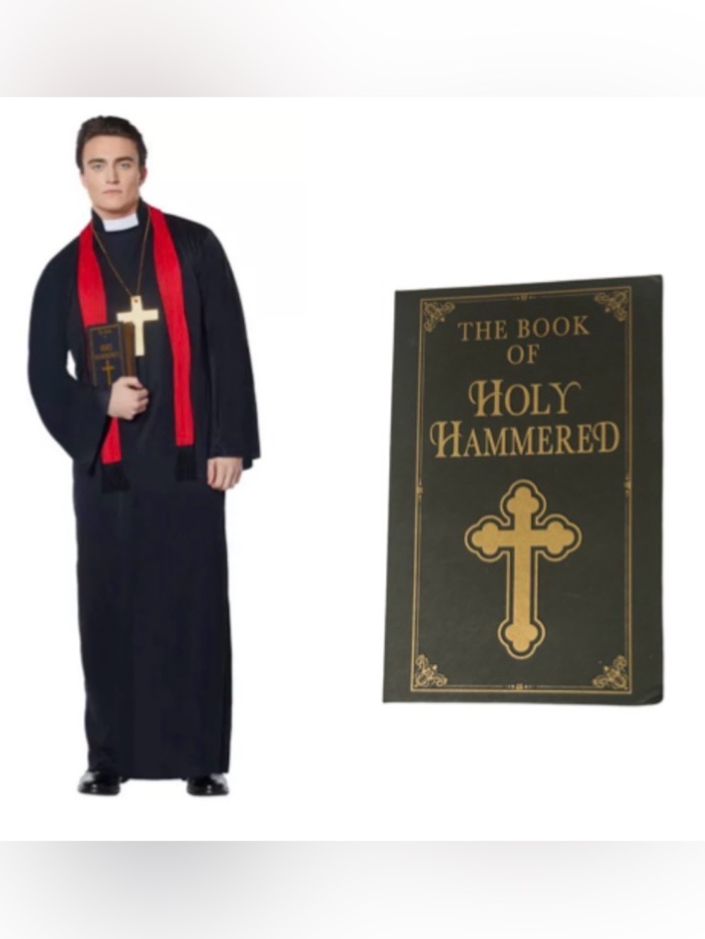 ADULT PRIEST COSTUME & THE BOOK OF HOLY HAMMERED FLASK BOOK- ONE SIZE FITS MOST
